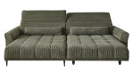 Komfort-Wohnlandschaft Lilly in einem grünen Cordstoff mit zwei Zierkissen und gezeigter Funktion.