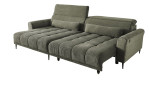 Komfort-Wohnlandschaft Lilly in einem grünen Cordstoff mit zwei Zierkissen und gezeigter Funktion.