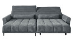 Komfort-Wohnlandschaft Lilly in einem grauen Cordstoff mit zwei Zierkissen und gezeigter Funktion.