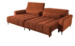 Komfort-Wohnlandschaft Lilly in einem orangefarbenen Cordstoff mit zwei Zierkissen und gezeigter Funktion.