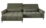 Wohnlandschaft Lilly in Grün mit in Cord-Optik, Ottomane links, Kopfteilverstellung und gestepptem Bezug freigestellt auf weißem Grund.