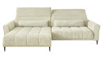 Wohnlandschaft Lilly in Creme mit in Cord-Optik, Ottomane links, Kopfteilverstellung und gestepptem Bezug freigestellt auf weißem Grund.