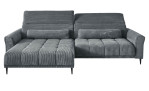 Wohnlandschaft Lilly in Grau mit in Cord-Optik, Ottomane links, Kopfteilverstellung und gestepptem Bezug freigestellt auf weißem Grund.
