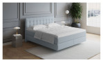 Basis-Boxspringbett Premium Evo in einem Stoffbezug in Sky - Hellblau. Auf einem dekorierten Hintergrund