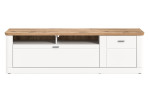 Lowboard Manhattan in weiß mit einer Deckplatte in Nox Oak aus Holzwerkstoff. Frontalansicht.