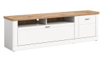 Lowboard Manhattan in weiß mit einer Deckplatte in Nox Oak aus Holzwerkstoff. Schräge Seitenansicht..