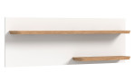Wandboard Manhatten mit einer weißen Rückwand und Ablageböden in Nox Oak aus Holzwerkstoff. Schräge Seitenansicht..