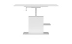 Couchtisch Cervon in weiß mit einem Säulenfuß und einer weiteren Ablagemöglichkeit unterhalb der Tischplatte mit hochgefahrener Tischplatte.