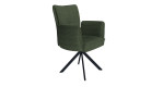 Armlehnstuhl Ronda in einem grünen Bezug aus Cordstoff und schwarzen Metallfuß. Schräge Seitenansicht