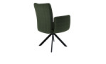 Armlehnstuhl Ronda in einem grünen Bezug aus Cordstoff und schwarzen Metallfuß. Schräge Rückenansicht