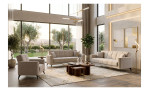 Modernes Wohnzimmer mit einem 3-Sitzer-Sofa „Lexi“ in Beige, 2 Kissen, einem Couchtisch und einer Bonell-Federkernpolsterung.