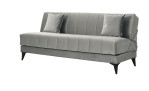 Das Schlafsofa „Arlo“ in Grau mit zwei passenden Kissen, schwarzen Beinen und elegantem Design, abgebildet vor weißem Hintergrund.