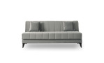 Das Schlafsofa „Arlo“ in Grau mit zwei Kissen, das durch seine beeindruckende Breite und Höhe besticht, vor weißem Hintergrund.