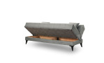 Schlafsofa „Arlo“ in Grau mit hochgeklappter Sitzfläche und sichtbarem Stauraum aus Holz. Maße: Tiefe, Breite, Höhe.