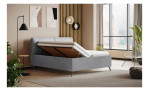 Modernes Schlafzimmer mit einem grauen Vito Komfort-Polsterbett „Nivora“ mit Stauraum, Wandbildern, Pflanzen und einer schwarzen Stehlampe.