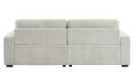 Das Sofa „Adamo“ mit beigem Bezug; die Rückansicht zeigt klare Linien, eckige Kissen sowie Details zu Breite und Tiefe.