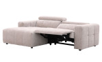 Wohnlandschaft Kelly: hellgraues Ecksofa mit weichen Kissen, niedrigen Armlehnen und einer Chaiselongue mit Relaxfunktion für höchsten Komfort.