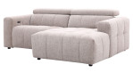 Wohnlandschaft Kelly: Hellgraues, modernes Zweisitzer-Sofa mit breiten Kissen, gepolsterten Armlehnen und verstellbarer Kopfstütze.