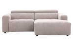 Wohnlandschaft Kelly: hellgraues L-förmiges Sofa, gesteppte Sitzfläche, Chaiselongue und elektrische Verstellfunktionen.