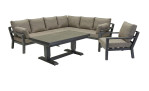 Graues Outdoor-Sofa-Set, Sessel und ausziehbarer Gartentisch „LC Garden“ in der Farbe „Avena“ mit beigen Kissen.