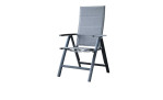 Gartenstuhl Livorno Grey – Outdoor-Sessel mit hoher Rückenlehne, grauem Stoffbezug und einem Rahmen aus dunklem Aluminium.
