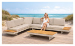 Garten-Lounge-Set Accra in beige mit Tischplatten aus Akazienholz und Gestell in beige aus Aluminium, Ansicht Milieu