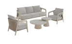 Outdoor-Gartenlounge-Set „Life“: Dreisitzer-Sofa, zwei Sessel und Couchtische mit Tischplatte aus Sinterstein in neutralen Farbtönen.