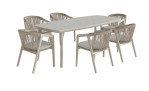 Garten-Sitzgruppe „Life“ von Outdoor: beige, Aluminiumgestell, Tischplatte aus Sinterstone, 6 gepolsterte Stühle mit geflochtener Rückenlehne.