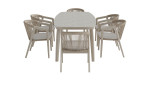 Garten-Sitzgruppe „Life“ für den Außenbereich, beige, Tischplatte aus Sinterstein, Gestell aus Aluminium, 6 Stühle, vor weißem Hintergrund.