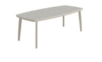 Outdoor-Garten-Sitzgruppe „Life“: moderner Tisch mit Tischplatte aus Sinterstein, Aluminiumgestell, hellgraues, geschwungenes Design.