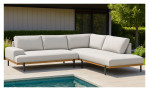 Das Outdoor-Gartenlounge-Set „Divano“ in modernem Hellgrau mit Holzverkleidung und Aluminiumgestell steht am Pool.