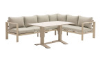 Gartenlounge-Set „Bondino“ für den Außenbereich in Beige-Camel mit Aluminiumgestell, hellgrauen Kissen und passendem eckigen Tisch.