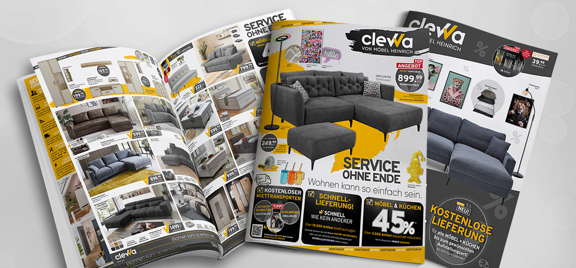 Vorschau von clevva Prospekten mit Angeboten zu Sofas, Gartenmöbeln und Finanzierung sowie Dauertiefpreisen von bis zu 45 Prozent